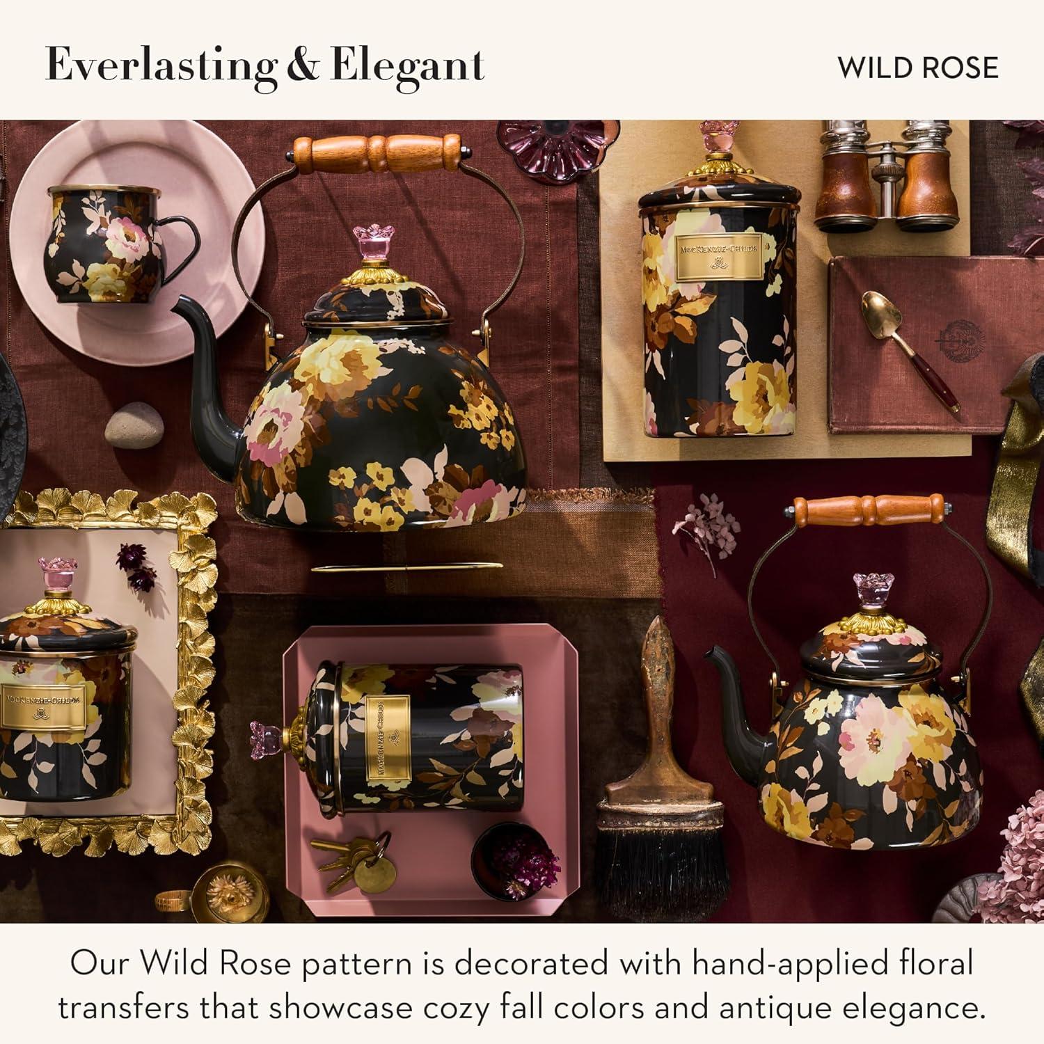 imageMACKENZIECHILDS Enamel Tea Kettle Cute Kitchen Kettle for Stovetop 2Quart Capacity Butterfly GardenBrown Wild Rose