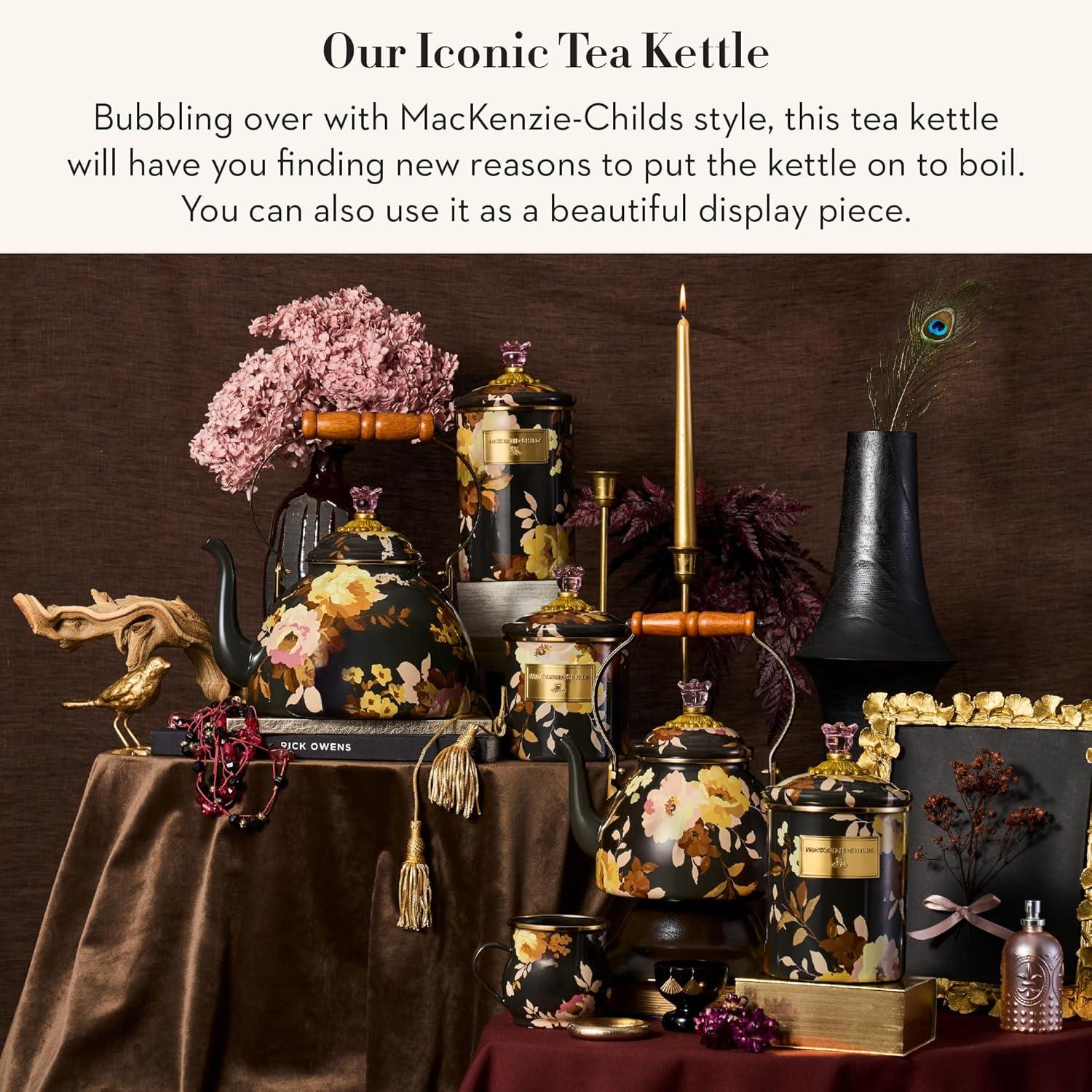 imageMACKENZIECHILDS Enamel Tea Kettle Cute Kitchen Kettle for Stovetop 2Quart Capacity Butterfly GardenBrown Wild Rose