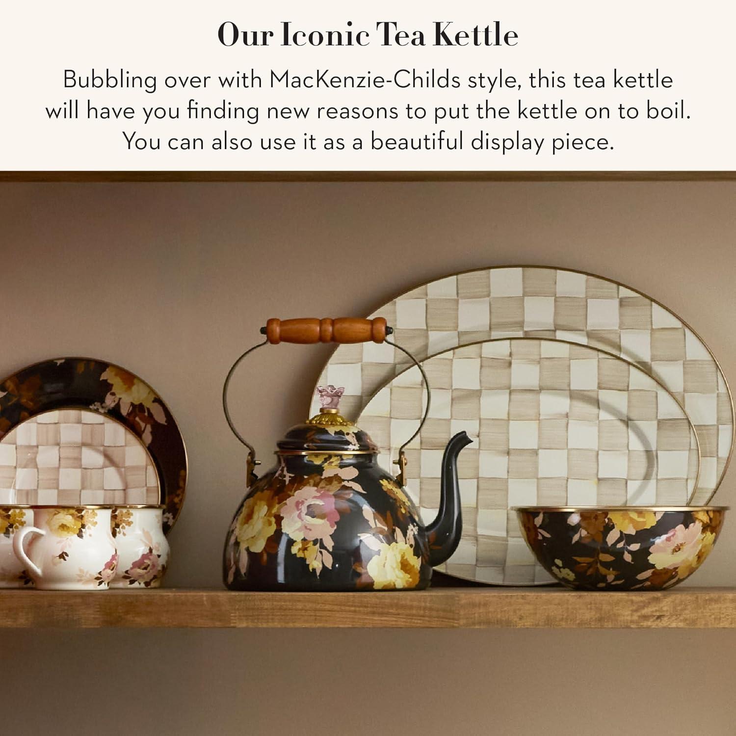 imageMACKENZIECHILDS Enamel Tea Kettle Cute Kitchen Kettle for Stovetop 2Quart Capacity Butterfly GardenBrown Wild Rose