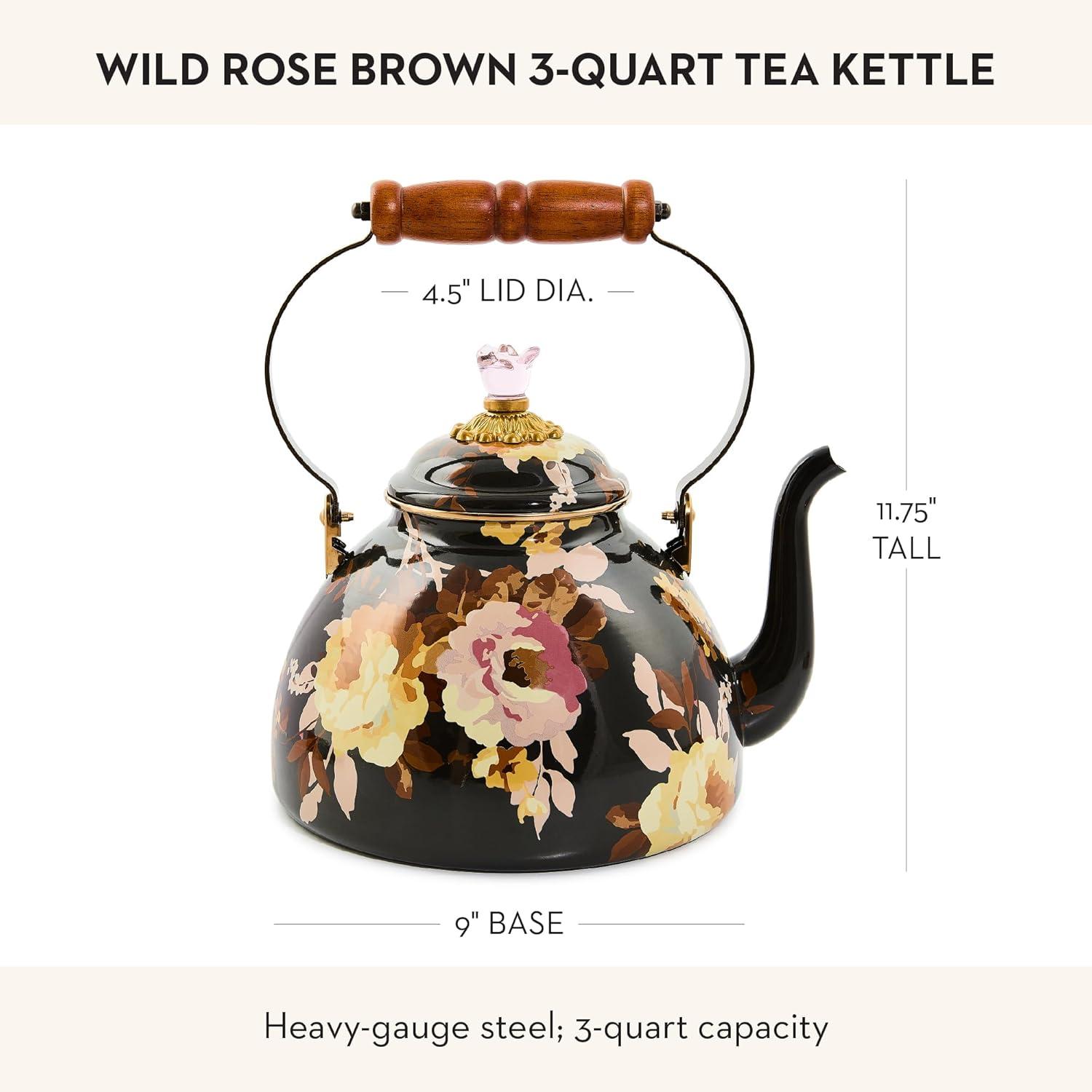 imageMACKENZIECHILDS Enamel Tea Kettle Cute Kitchen Kettle for Stovetop 2Quart Capacity Butterfly GardenBrown Wild Rose