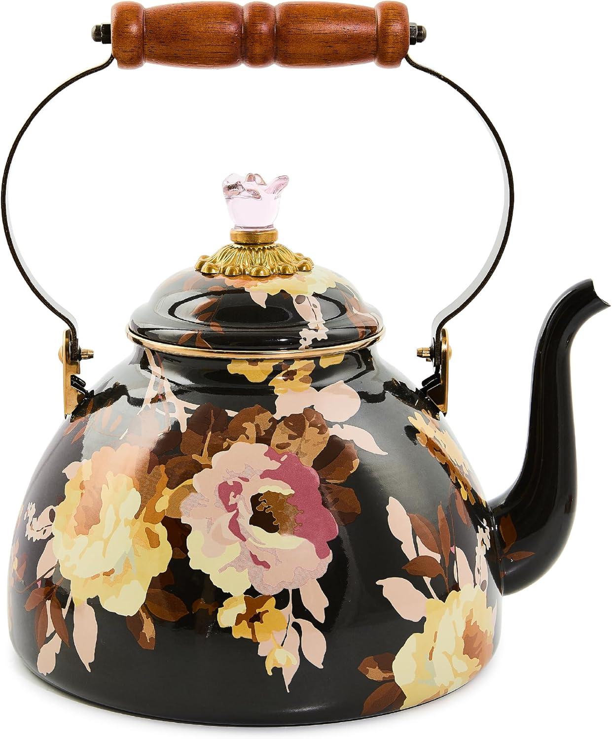 imageMACKENZIECHILDS Enamel Tea Kettle Cute Kitchen Kettle for Stovetop 2Quart Capacity Butterfly GardenBrown Wild Rose