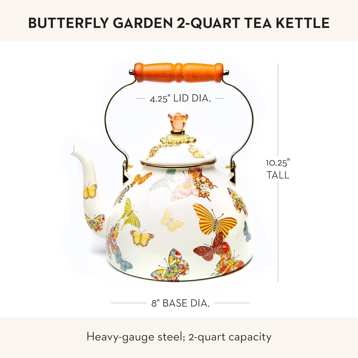 imageMACKENZIECHILDS Enamel Tea Kettle Cute Kitchen Kettle for Stovetop 2Quart Capacity Butterfly GardenButterfly Garden