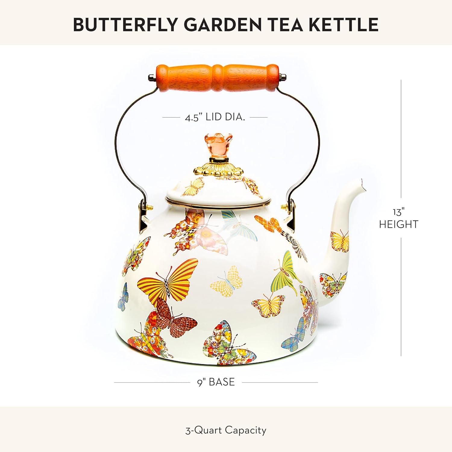 imageMACKENZIECHILDS Enamel Tea Kettle Cute Kitchen Kettle for Stovetop 2Quart Capacity Butterfly GardenButterfly Garden