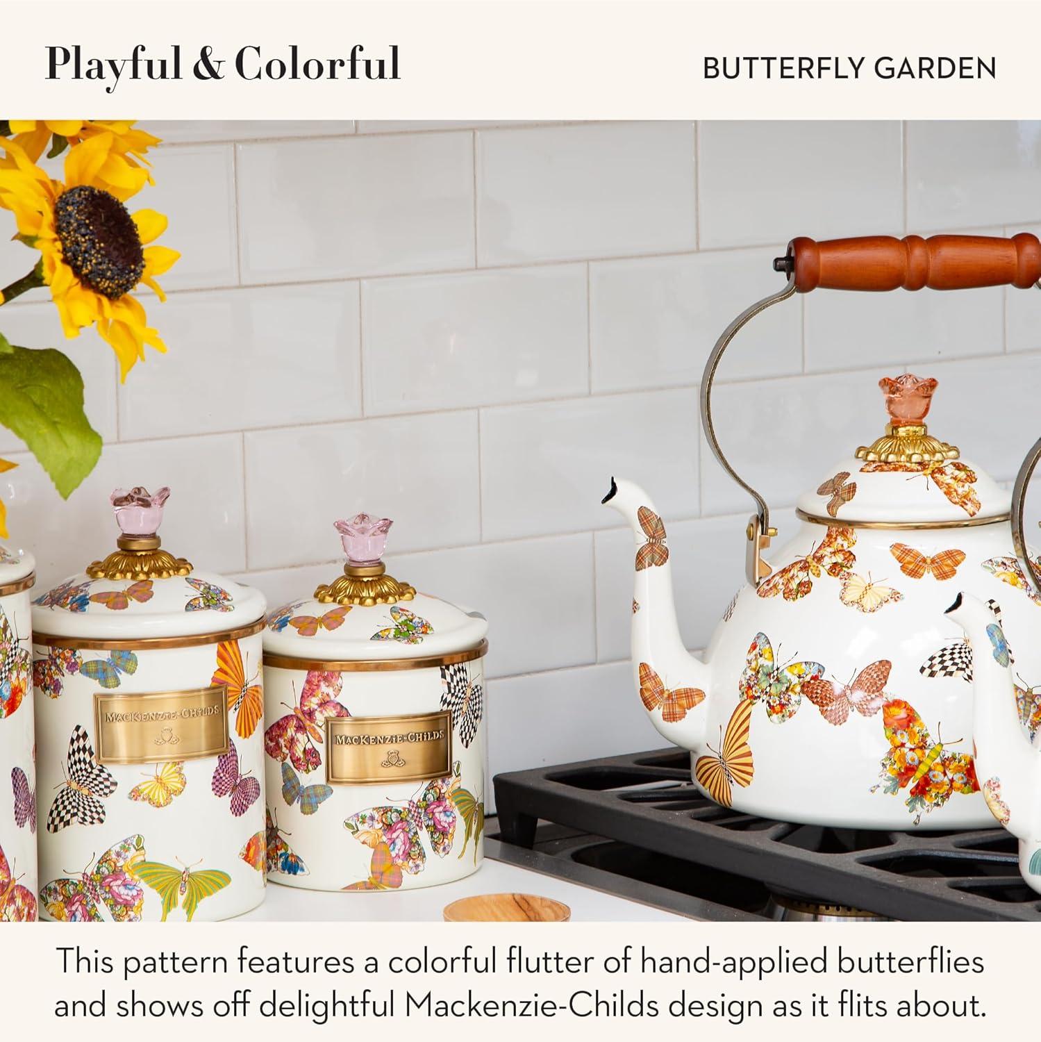 imageMACKENZIECHILDS Enamel Tea Kettle Cute Kitchen Kettle for Stovetop 2Quart Capacity Butterfly GardenButterfly Garden