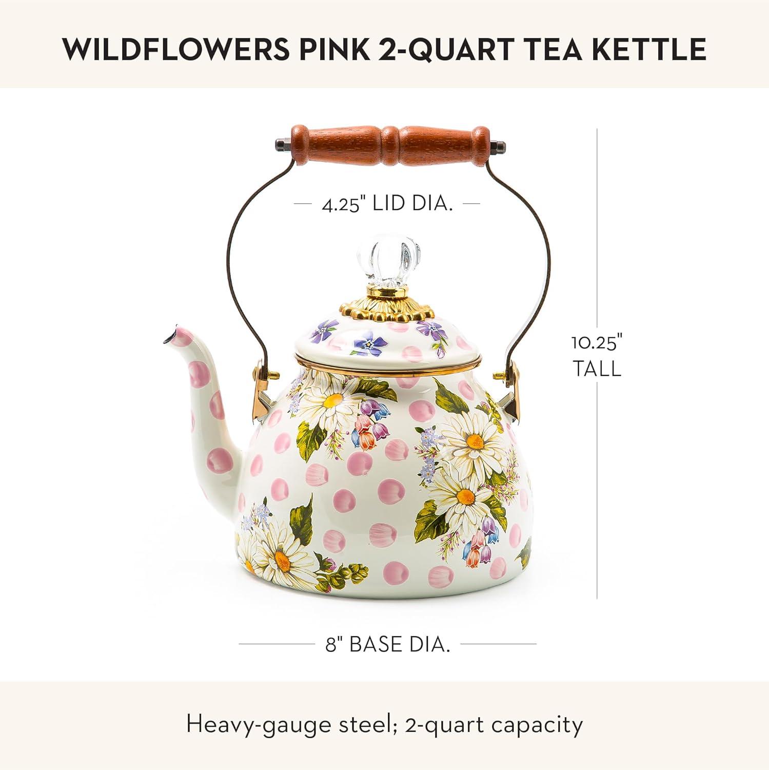 imageMACKENZIECHILDS Enamel Tea Kettle Cute Kitchen Kettle for Stovetop 2Quart Capacity Butterfly GardenPink Wildflowers