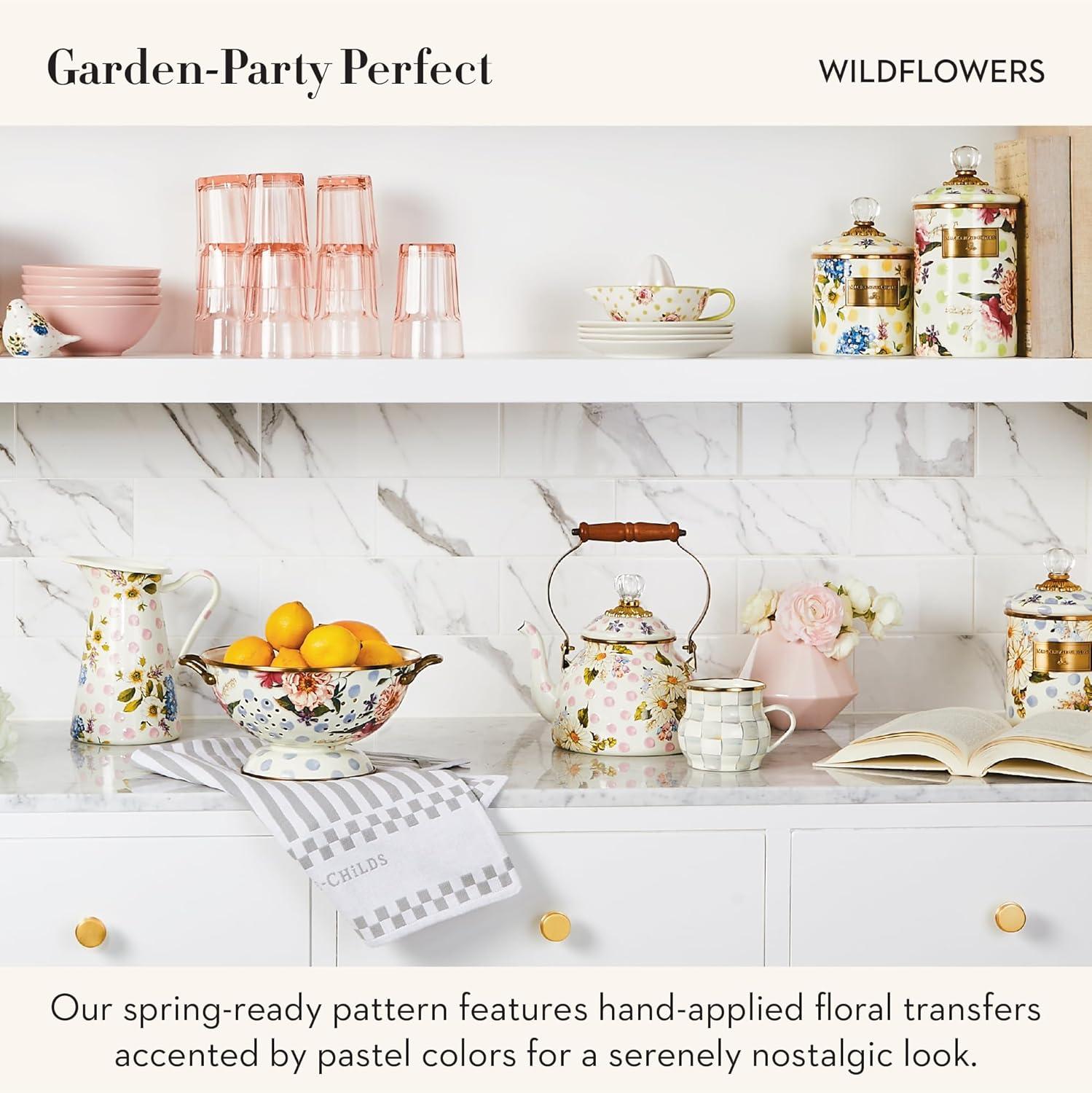 imageMACKENZIECHILDS Enamel Tea Kettle Cute Kitchen Kettle for Stovetop 2Quart Capacity Butterfly GardenPink Wildflowers