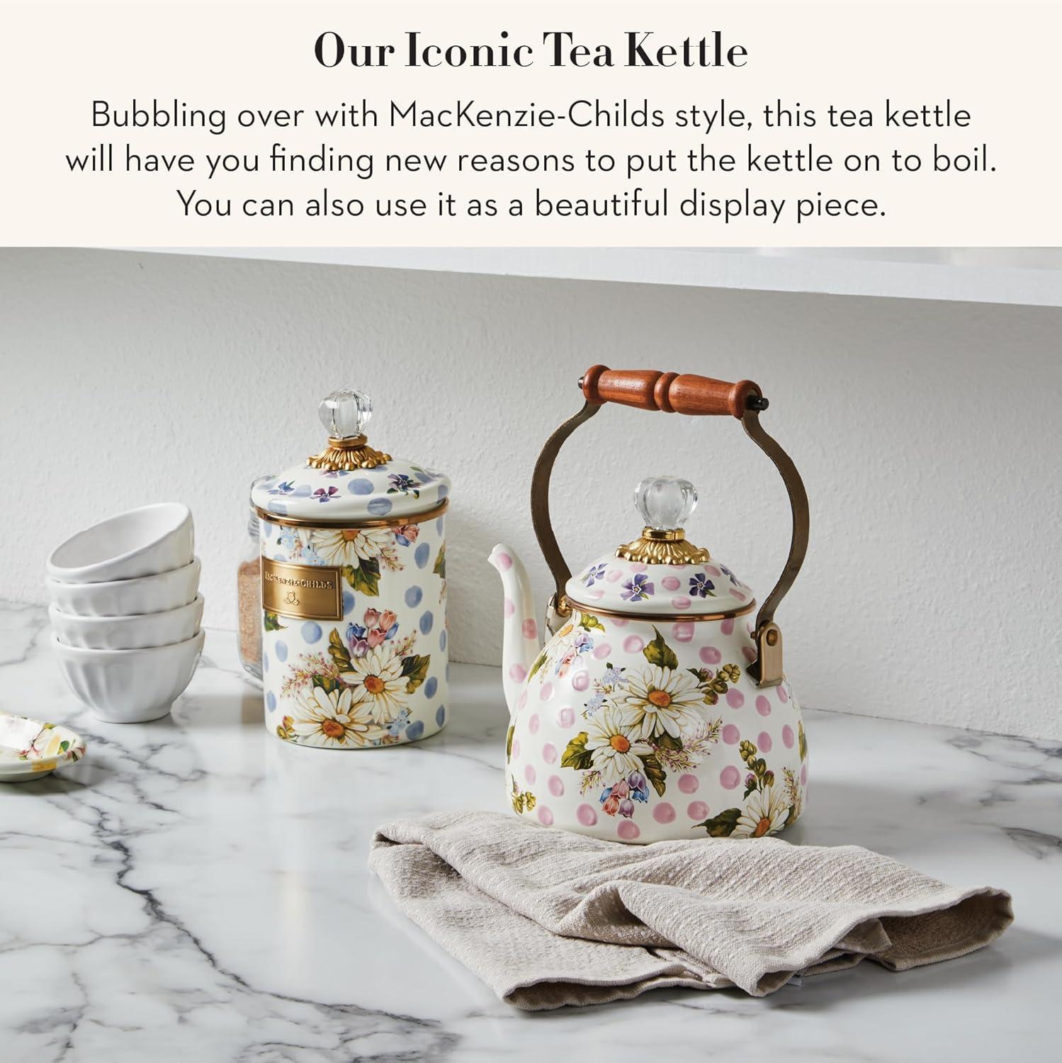 imageMACKENZIECHILDS Enamel Tea Kettle Cute Kitchen Kettle for Stovetop 2Quart Capacity Butterfly GardenPink Wildflowers