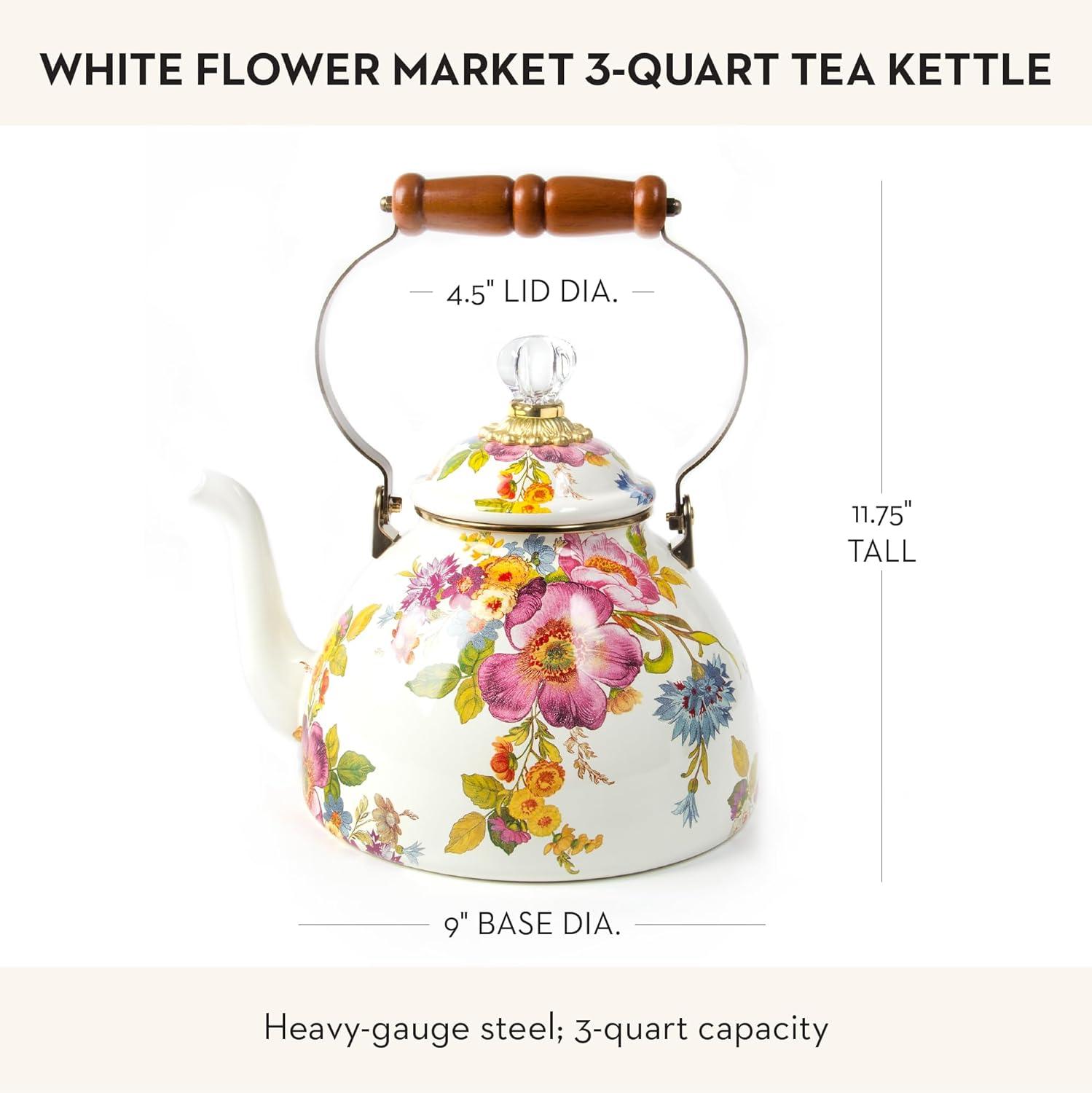 imageMACKENZIECHILDS Enamel Tea Kettle Cute Kitchen Kettle for Stovetop 2Quart Capacity Butterfly GardenWhite Flower Market