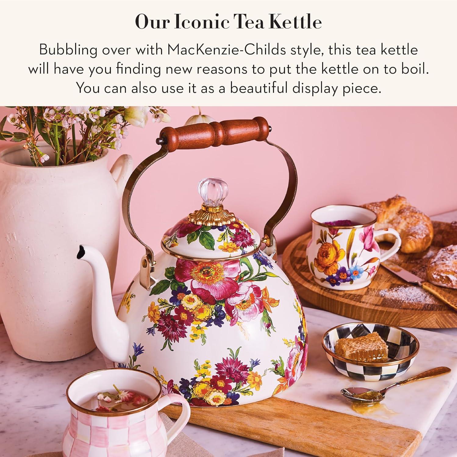 imageMACKENZIECHILDS Enamel Tea Kettle Cute Kitchen Kettle for Stovetop 2Quart Capacity Butterfly GardenWhite Flower Market