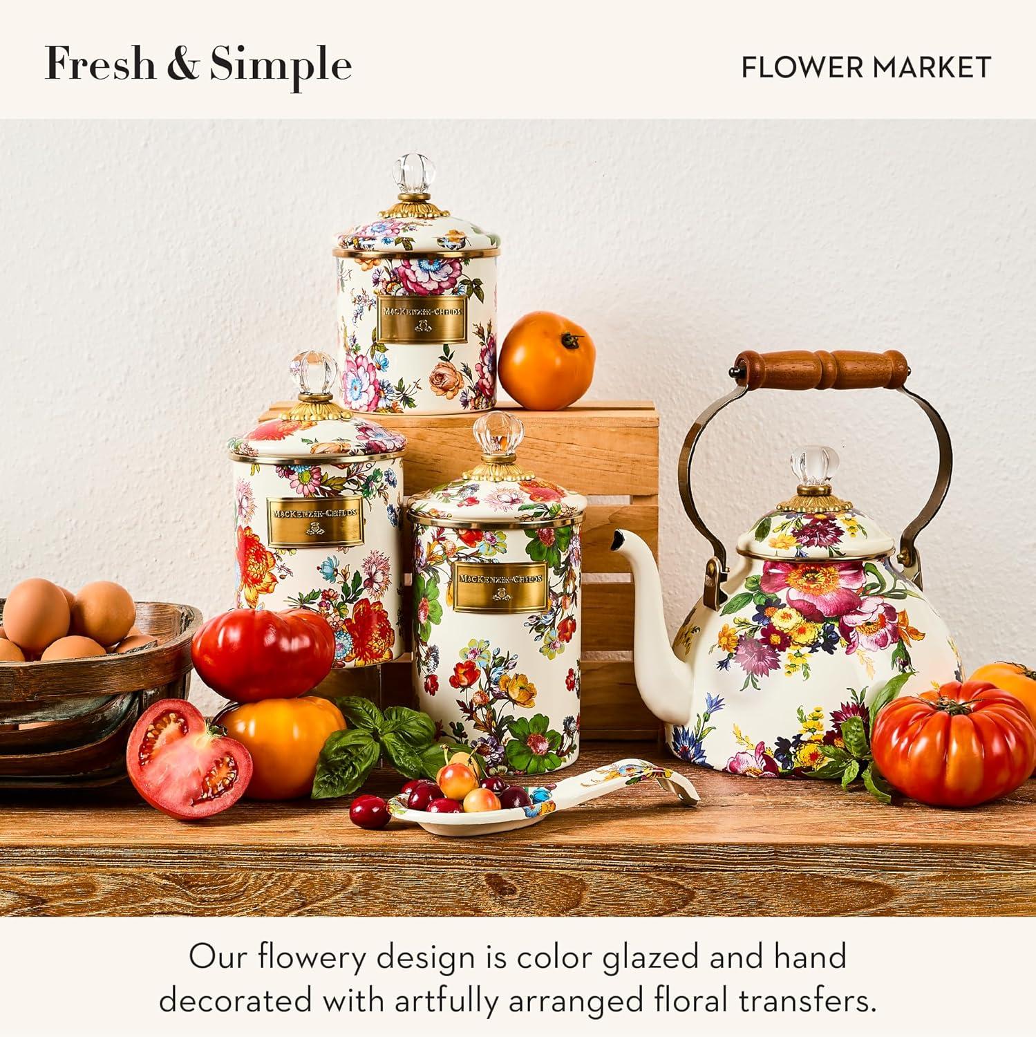 imageMACKENZIECHILDS Enamel Tea Kettle Cute Kitchen Kettle for Stovetop 2Quart Capacity Butterfly GardenWhite Flower Market