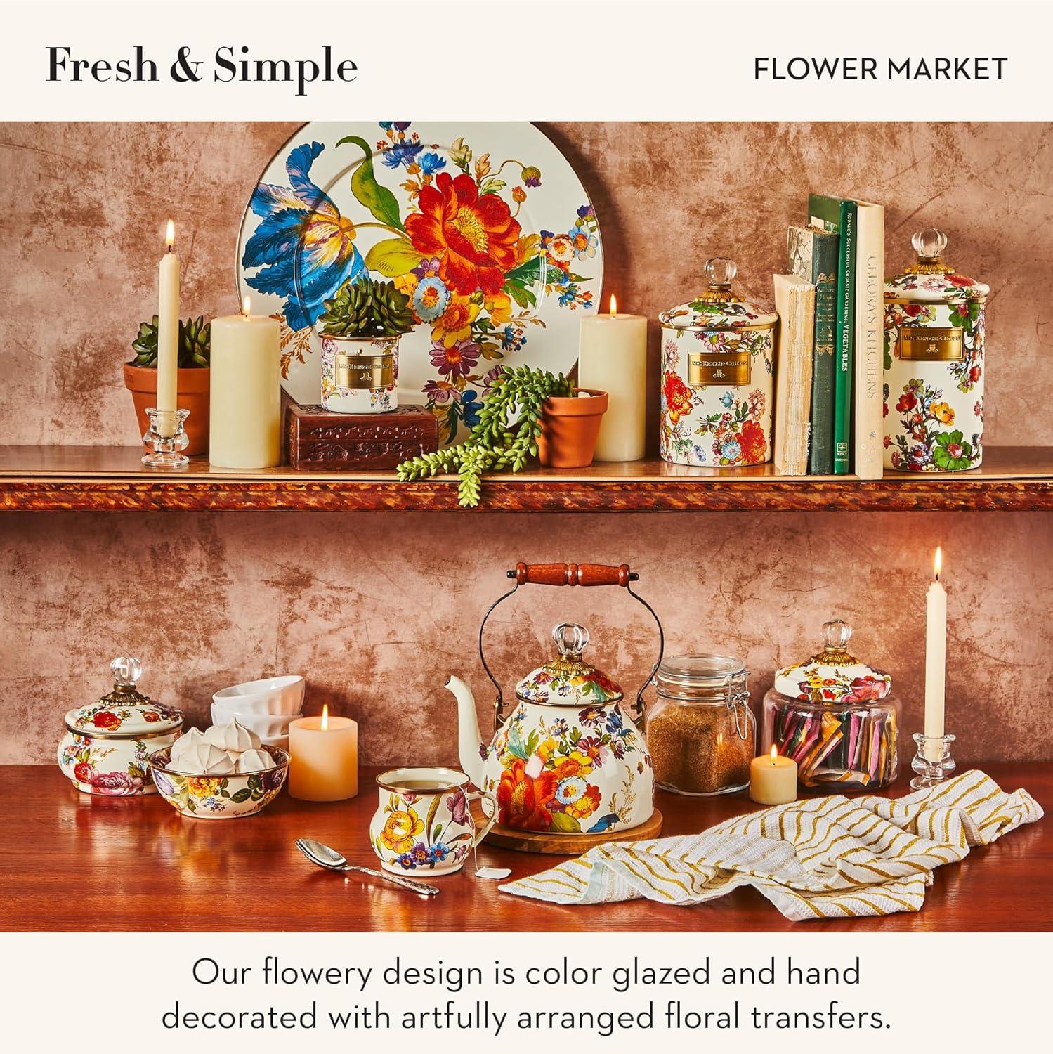 imageMACKENZIECHILDS Enamel Tea Kettle Cute Kitchen Kettle for Stovetop 2Quart Capacity Butterfly GardenWhite Flower Market