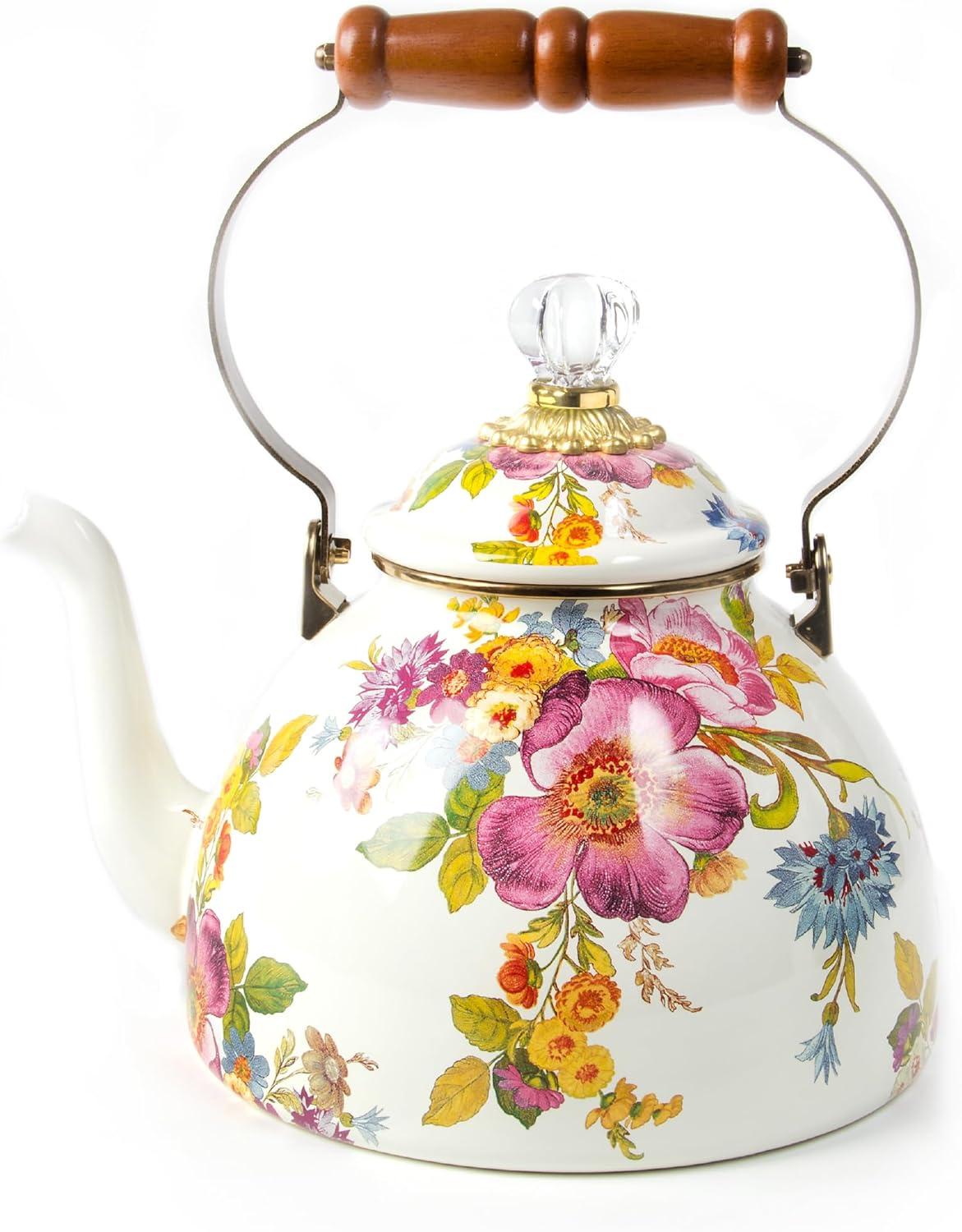 imageMACKENZIECHILDS Enamel Tea Kettle Cute Kitchen Kettle for Stovetop 2Quart Capacity Butterfly GardenWhite Flower Market