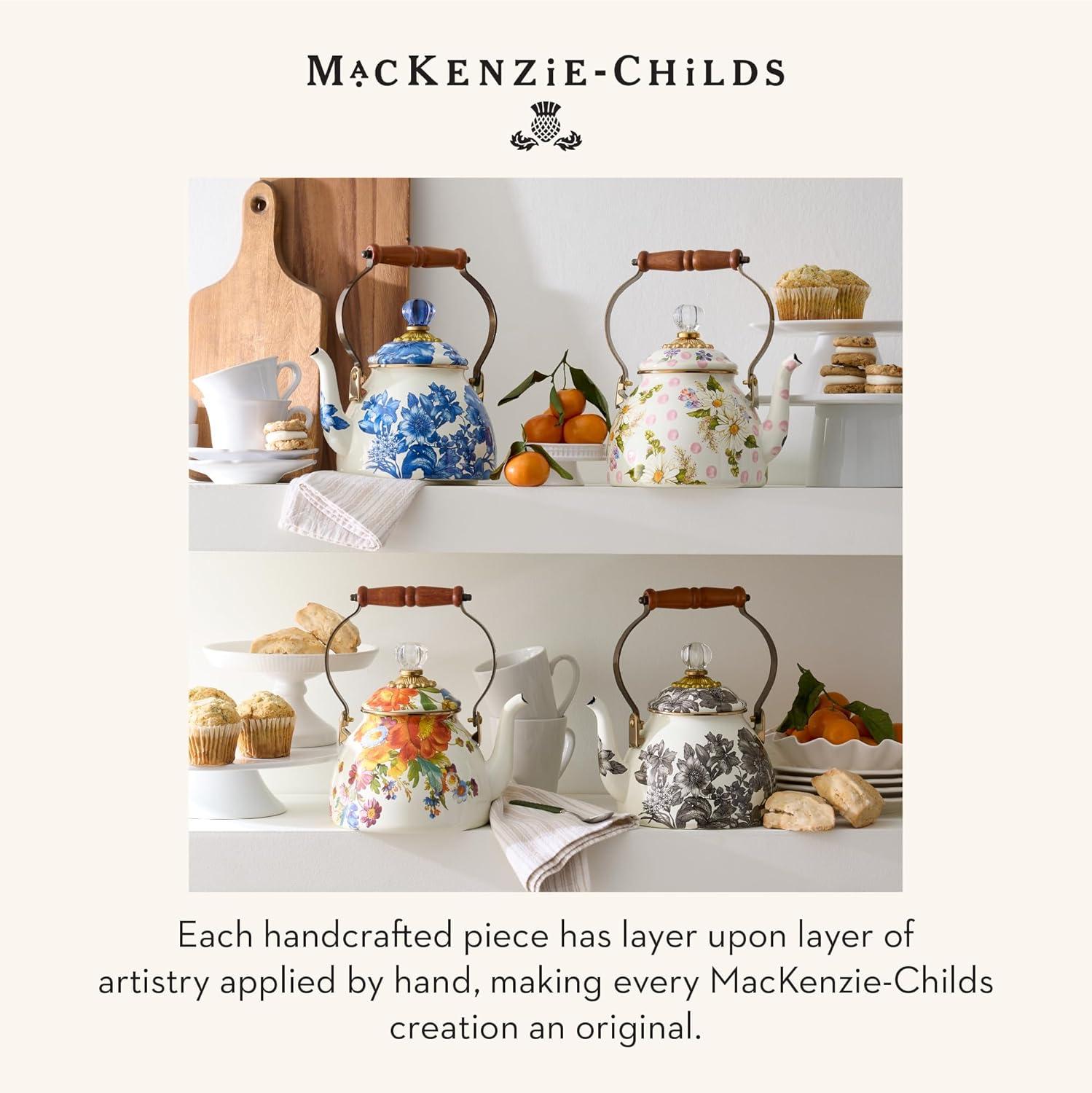 imageMACKENZIECHILDS Enamel Tea Kettle Cute Kitchen Kettle for Stovetop 2Quart Capacity Butterfly GardenWhite Flower Market