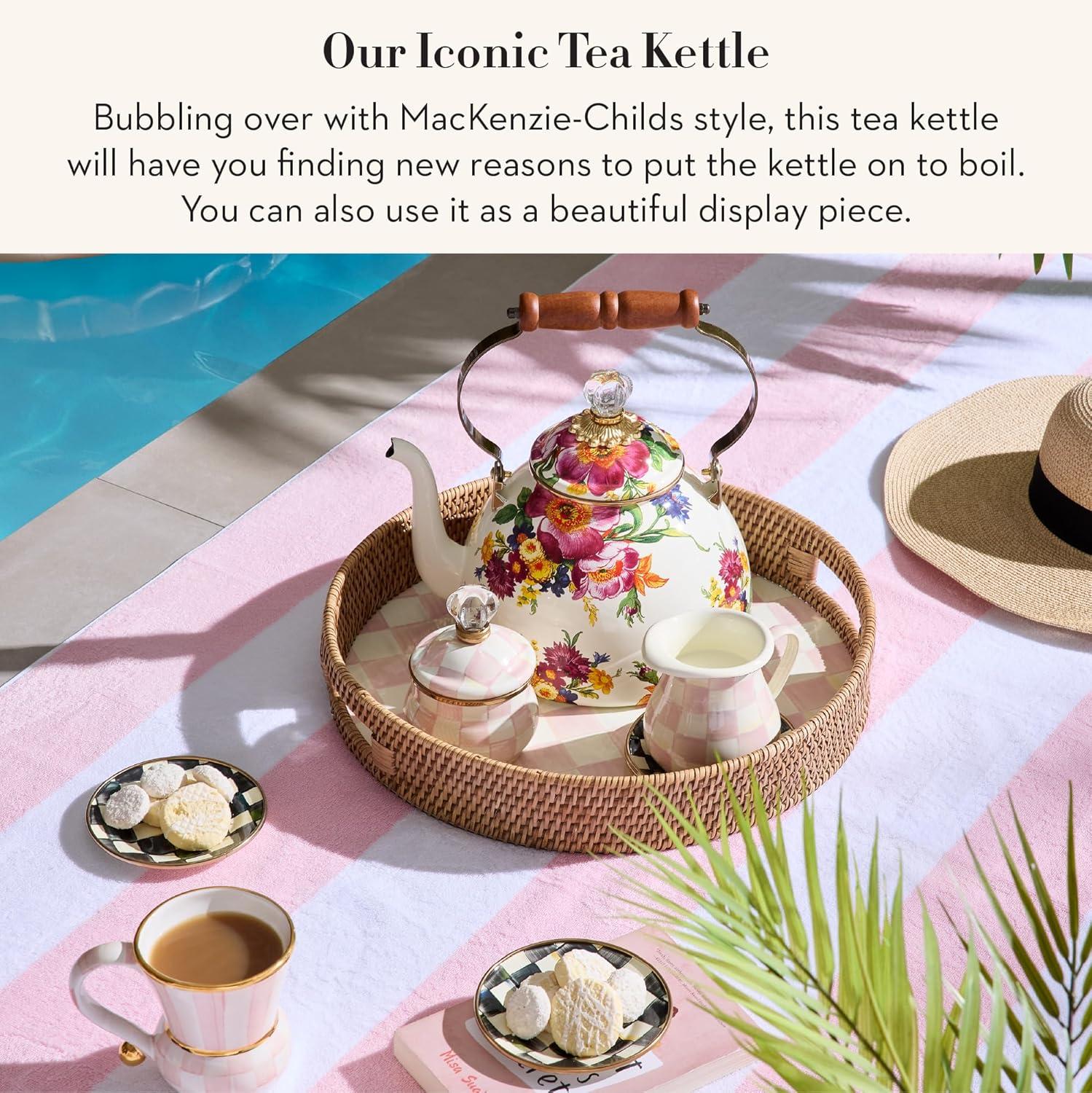 imageMACKENZIECHILDS Enamel Tea Kettle Cute Kitchen Kettle for Stovetop 2Quart Capacity Butterfly GardenWhite Flower Market