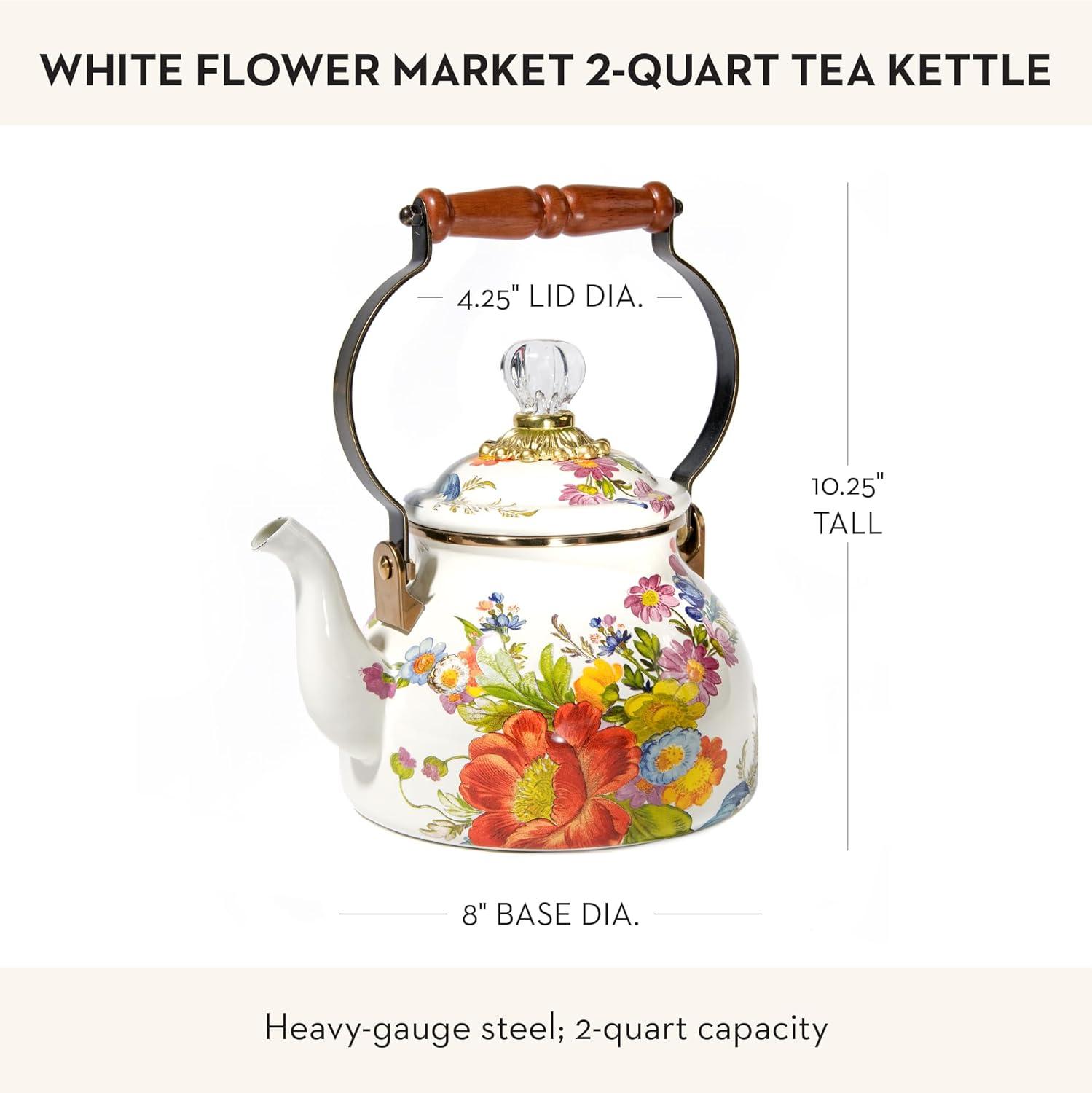 imageMACKENZIECHILDS Enamel Tea Kettle Cute Kitchen Kettle for Stovetop 2Quart Capacity Butterfly GardenWhite Flower Market