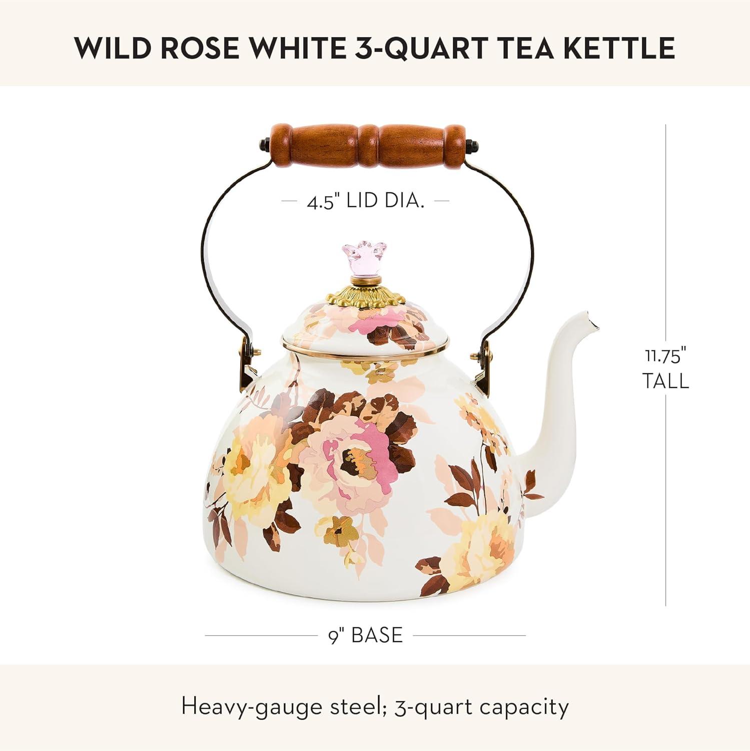 imageMACKENZIECHILDS Enamel Tea Kettle Cute Kitchen Kettle for Stovetop 2Quart Capacity Butterfly GardenWhite Wild Rose