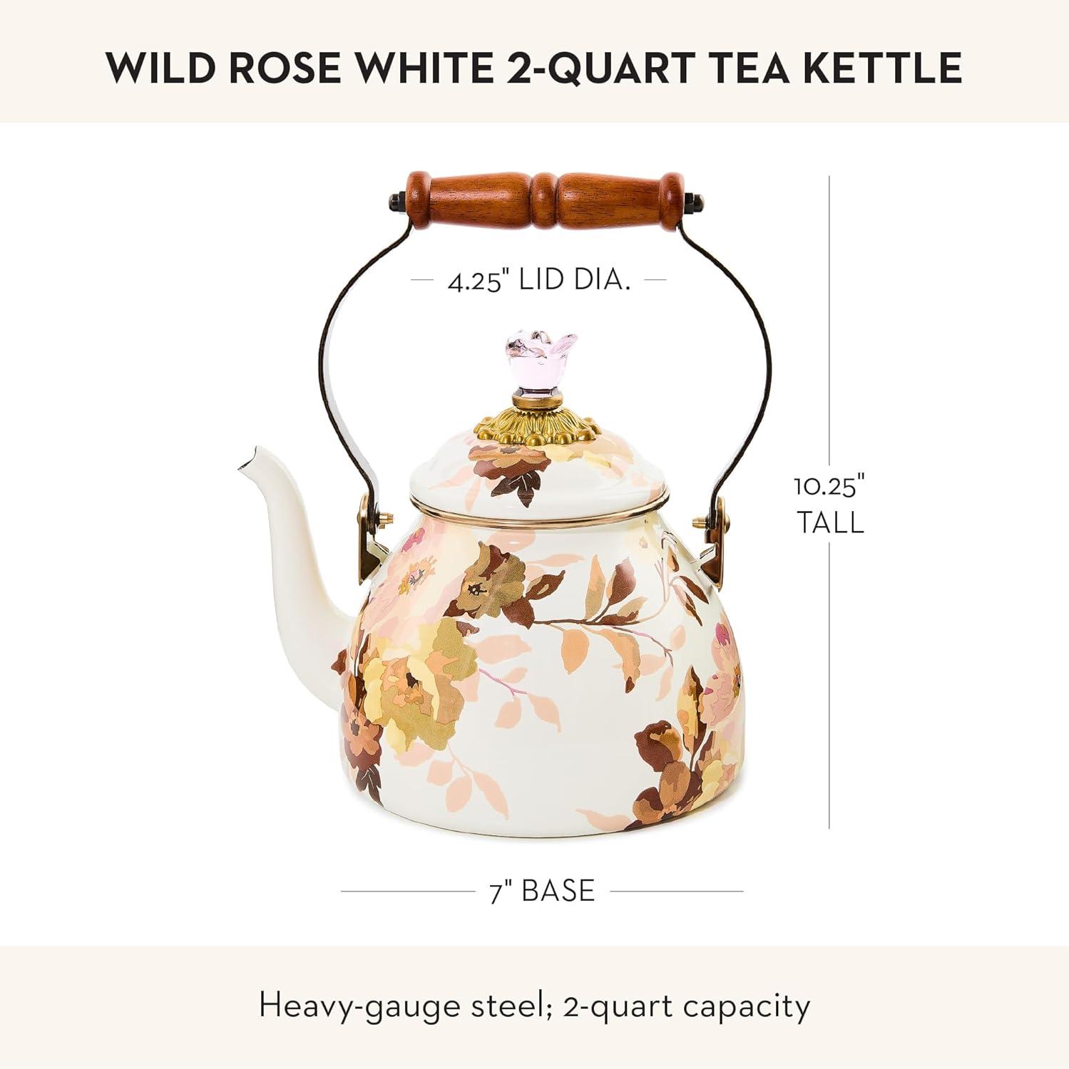 imageMACKENZIECHILDS Enamel Tea Kettle Cute Kitchen Kettle for Stovetop 2Quart Capacity Butterfly GardenWhite Wild Rose