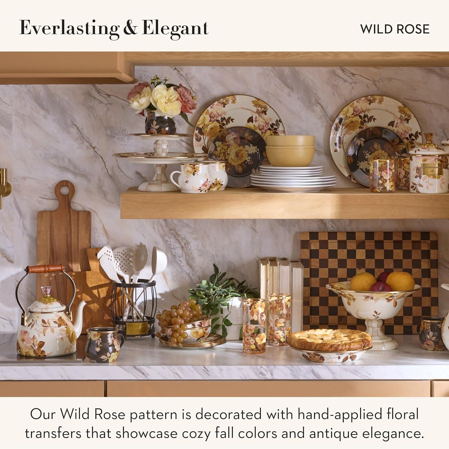 imageMACKENZIECHILDS Enamel Tea Kettle Cute Kitchen Kettle for Stovetop 2Quart Capacity Butterfly GardenWhite Wild Rose