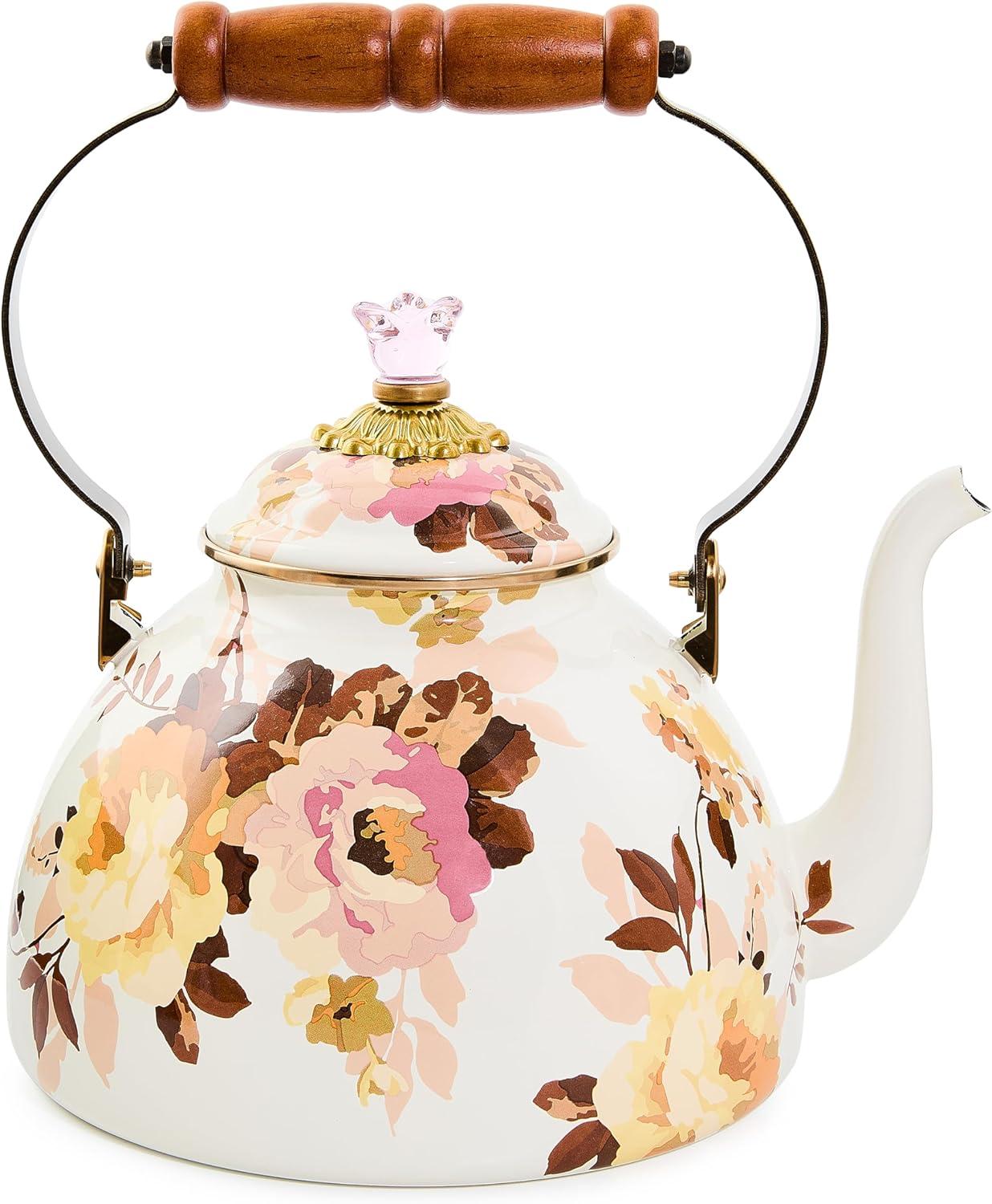 imageMACKENZIECHILDS Enamel Tea Kettle Cute Kitchen Kettle for Stovetop 2Quart Capacity Butterfly GardenWhite Wild Rose