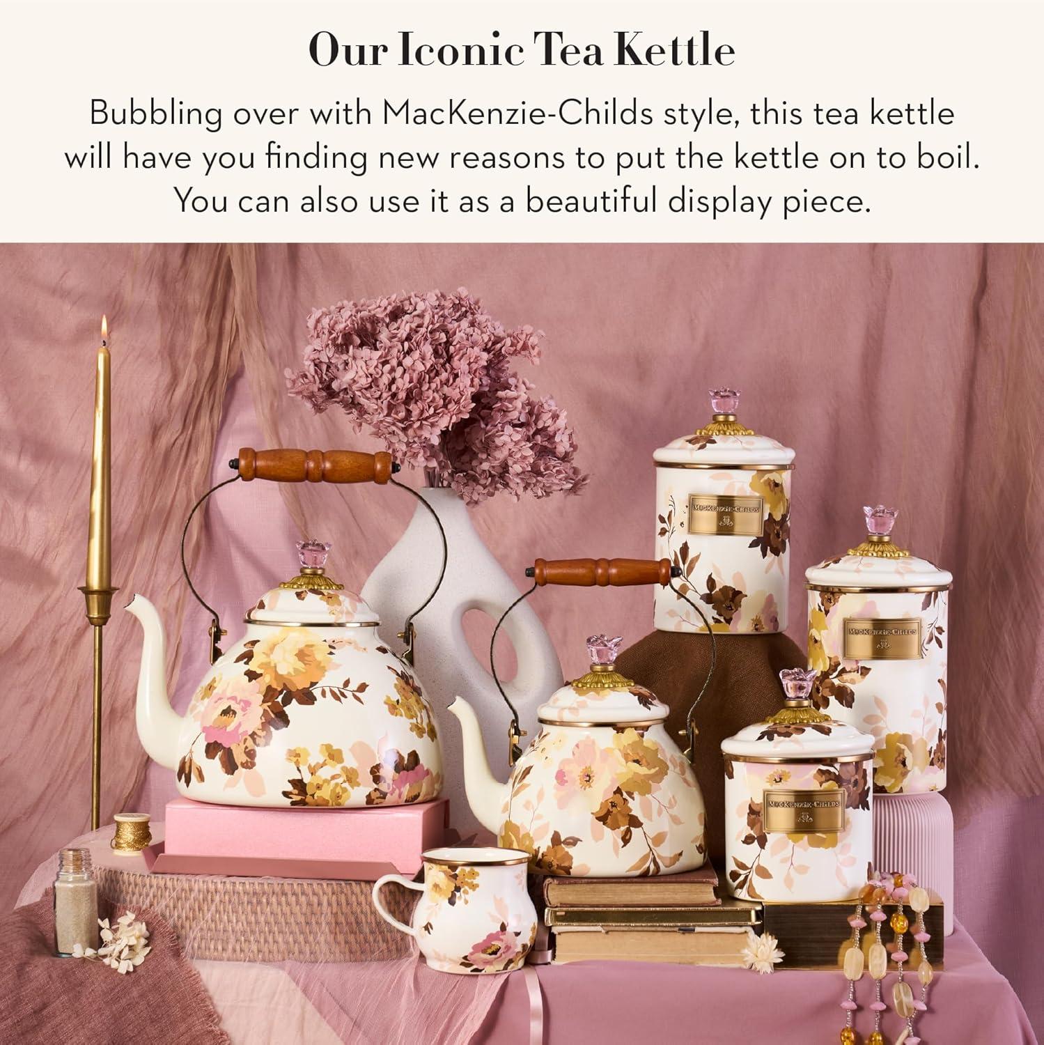 imageMACKENZIECHILDS Enamel Tea Kettle Cute Kitchen Kettle for Stovetop 2Quart Capacity Butterfly GardenWhite Wild Rose