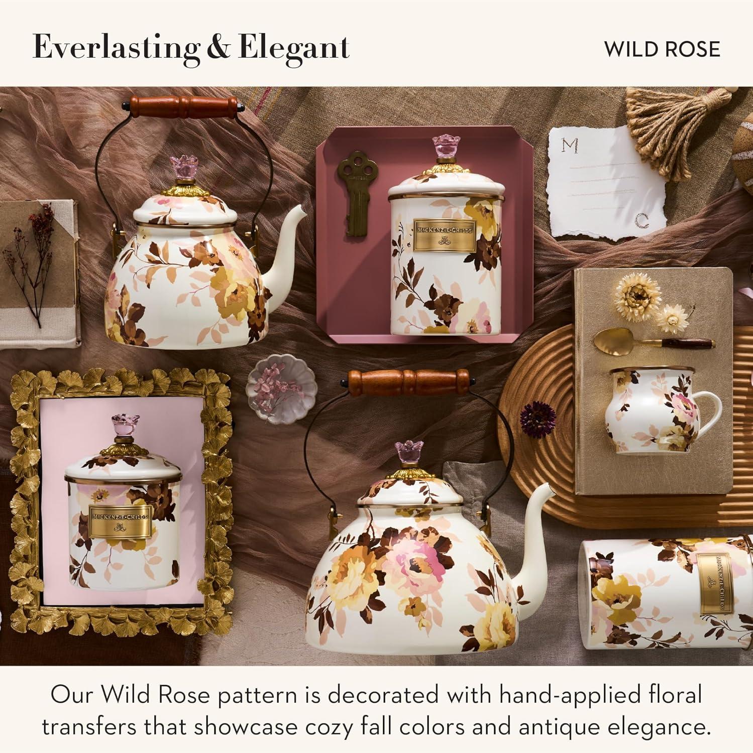 imageMACKENZIECHILDS Enamel Tea Kettle Cute Kitchen Kettle for Stovetop 2Quart Capacity Butterfly GardenWhite Wild Rose