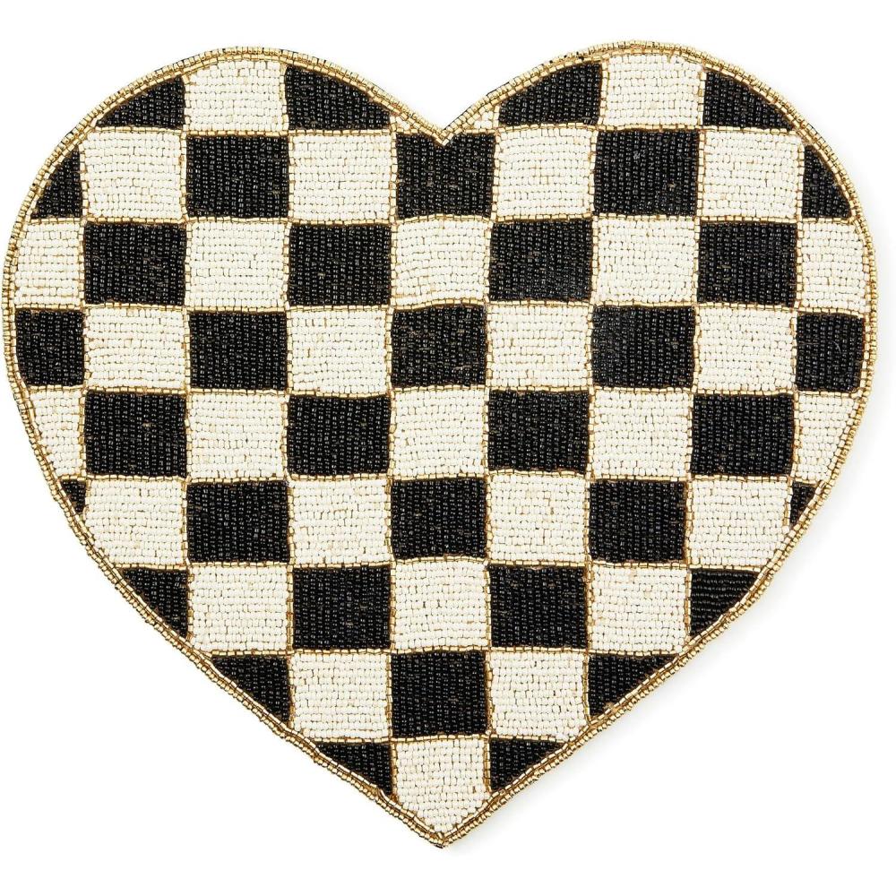 imageMACKENZIECHILDS Beaded Placemat Indoor Table Mat BlackandWhite Check Heart Shaped