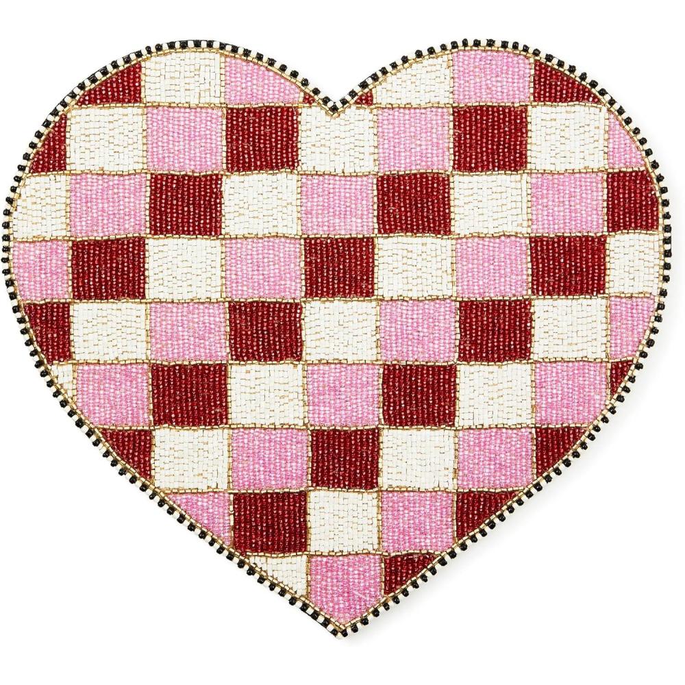 imageMACKENZIECHILDS Beaded Placemat Indoor Table Mat RedandWhite Check Heart Shaped