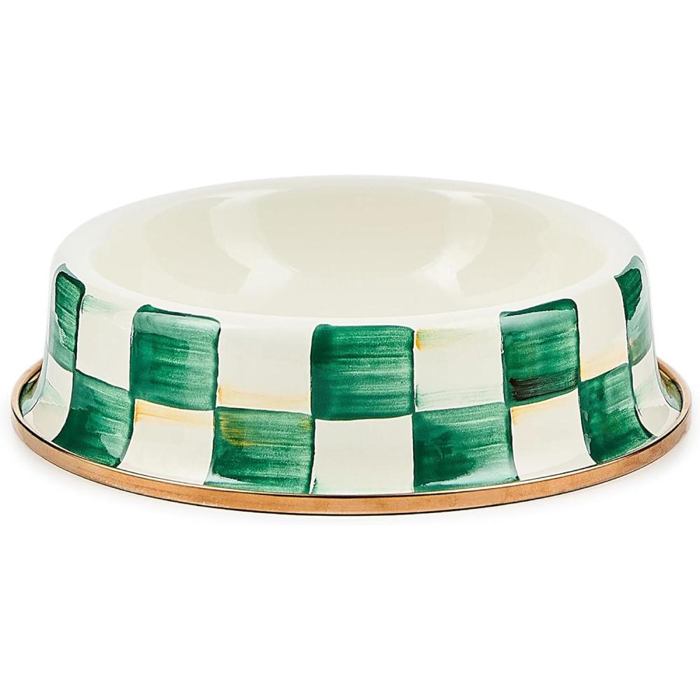 imageMACKENZIECHILDS Enamel Cat Dish Cute Cat Bowl for Food and Water GreenandWhite Emerald CheckEmerald Check