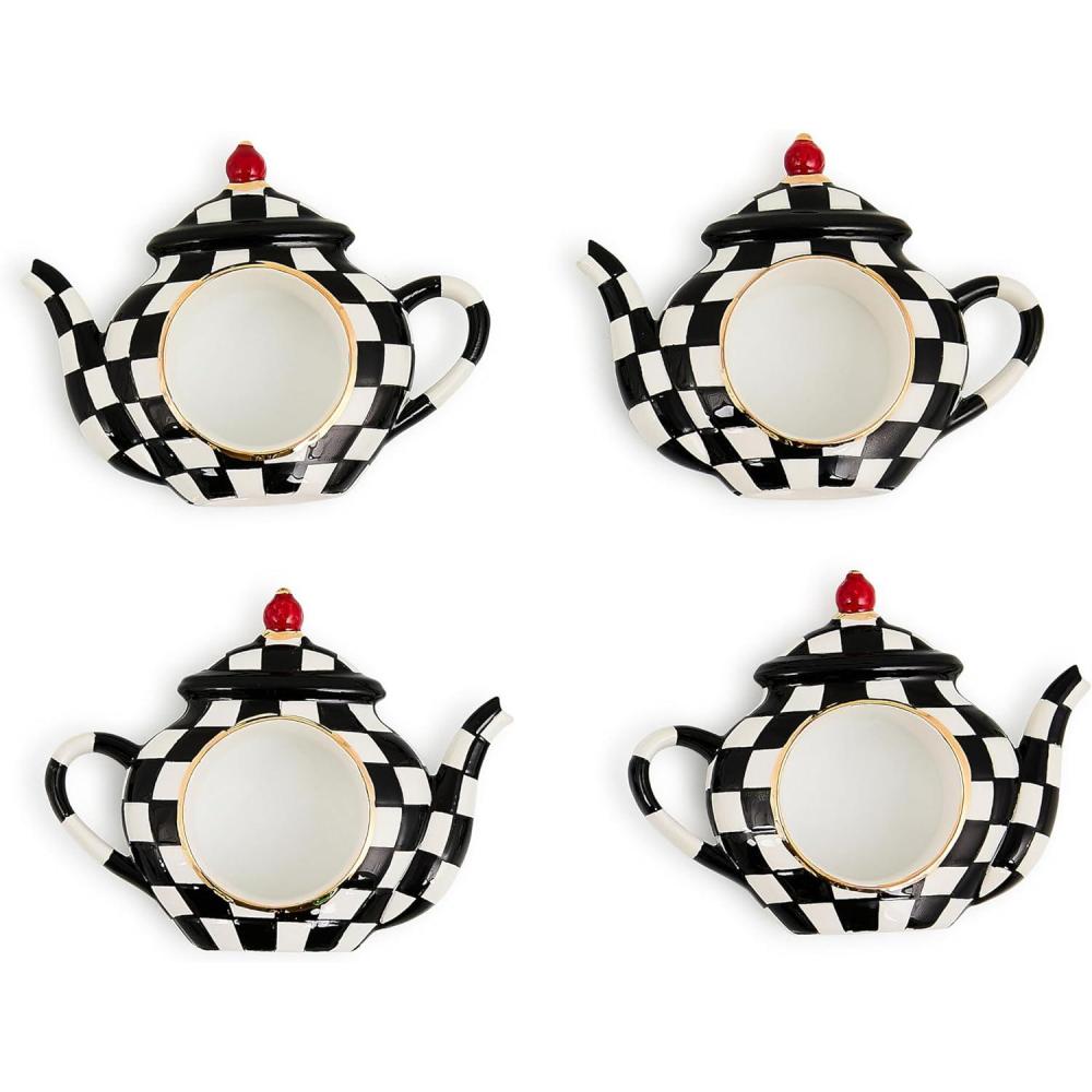 imageMACKENZIECHILDS Set of 4 Ceramic Napkin Rings Cute NapkinHolder Rings BlackandWhite Courtly Check Teapot