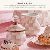 MACKENZIE-CHILDS Enamel Lidded Sugar Bowl, Small Serving Bowl with Lid, 10-Ounce Capacity, Gray-and-White Sterling Check(Rosy Check)