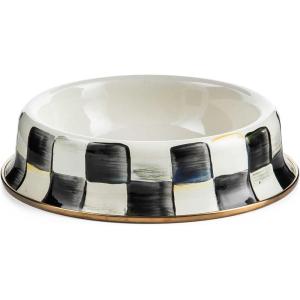 MACKENZIE-CHILDS Enamel Cat Dish, Cute Cat Bowl for Food and Water, Green-and-White Emerald Check(Courtly Check)