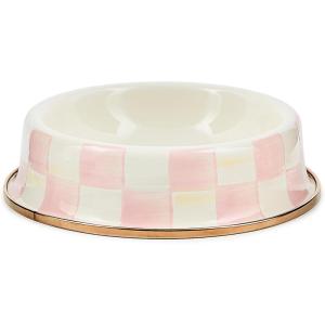 MACKENZIE-CHILDS Enamel Cat Dish, Cute Cat Bowl for Food and Water, Green-and-White Emerald Check(Rosy Check)