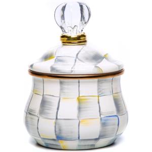 MACKENZIE-CHILDS Enamel Lidded Sugar Bowl, Small Serving Bowl with Lid, 10-Ounce Capacity, Gray-and-White Sterling Check(Sterling Check)