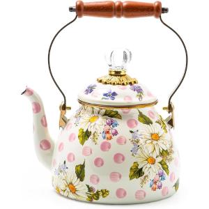 MACKENZIE-CHILDS Enamel Tea Kettle, Cute Kitchen Kettle for Stovetop, 2-Quart Capacity, Butterfly Garden(Pink Wildflowers)