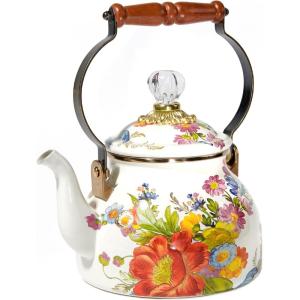 MACKENZIE-CHILDS Enamel Tea Kettle, Cute Kitchen Kettle for Stovetop, 2-Quart Capacity, Butterfly Garden(White Flower Market)