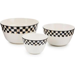MACKENZIE-CHILDS Set of 3 Everyday Mixing Bowls, Small, Medium, and Large Stoneware Bowls for Kitchen Use, Gray-and-White Sterling Check(Courtly Check)