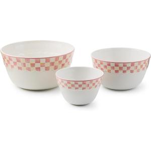MACKENZIE-CHILDS Set of 3 Everyday Mixing Bowls, Small, Medium, and Large Stoneware Bowls for Kitchen Use, Gray-and-White Sterling Check(Rosy Check)