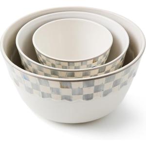 MACKENZIE-CHILDS Set of 3 Everyday Mixing Bowls, Small, Medium, and Large Stoneware Bowls for Kitchen Use, Gray-and-White Sterling Check(Sterling Check)