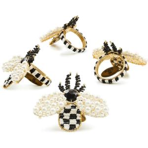 MACKENZIE-CHILDS Set of 4 Enamel Napkin Rings, Napkin-Holder Ring Set for Cloth Napkins, Green-and-White Emerald Check(Bee)