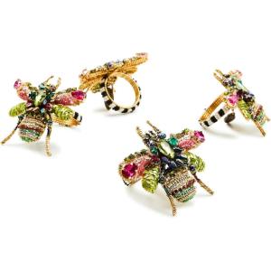 MACKENZIE-CHILDS Set of 4 Enamel Napkin Rings, Napkin-Holder Ring Set for Cloth Napkins, Green-and-White Emerald Check(Beetle)