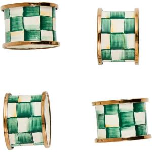 MACKENZIE-CHILDS Set of 4 Enamel Napkin Rings, Napkin-Holder Ring Set for Cloth Napkins, Green-and-White Emerald Check(Emerald Check)