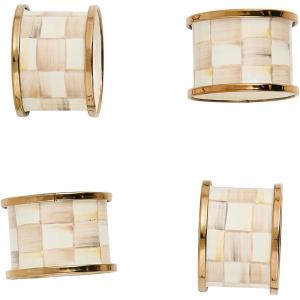 MACKENZIE-CHILDS Set of 4 Enamel Napkin Rings, Napkin-Holder Ring Set for Cloth Napkins, Green-and-White Emerald Check(Mocha Check)