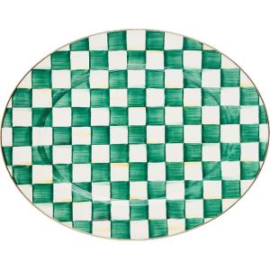 MACKENZIE-CHILDS Enamel Oval Platter, Serving Plate for Entertaining, Large, Black-and-White Courtly Check(Emerald Check)