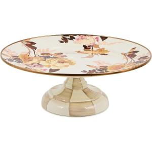MACKENZIE-CHILDS Enamel Pedestal Platter, Round Cake Stand, Small, Wild Rose Brown(Wild Rose White)