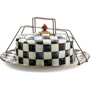 MACKENZIE-CHILDS Enamel Cake Carrier, Cake-Dish Serving Platter with Lid and Handles, Black-and-White Courtly Check(Courtly Check)