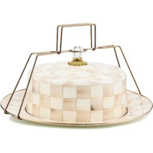 MACKENZIE-CHILDS Enamel Cake Carrier, Cake-Dish Serving Platter with Lid and Handles, Black-and-White Courtly Check(Mocha Check)