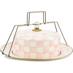 MACKENZIE-CHILDS Enamel Cake Carrier, Cake-Dish Serving Platter with Lid and Handles, Black-and-White Courtly Check(Rosy Check)