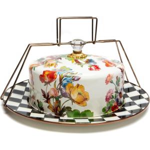 MACKENZIE-CHILDS Enamel Cake Carrier, Cake-Dish Serving Platter with Lid and Handles, Black-and-White Courtly Check(White Flower Market)