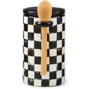 MACKENZIE-CHILDS Set of 1 Farmhouse Canister, Lidded Kitchen Canister with Spoon, Black-and-White Courtly Check(Courtly Check)