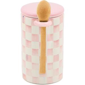 MACKENZIE-CHILDS Set of 1 Farmhouse Canister, Lidded Kitchen Canister with Spoon, Black-and-White Courtly Check(Rosy Check)